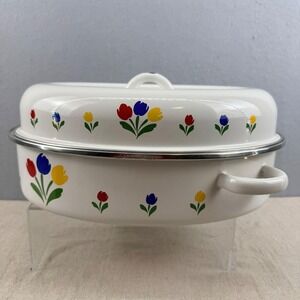 Vintage Floral Enamelware Roaster Pan Tulip Cottagecore Farmhouse White 11"